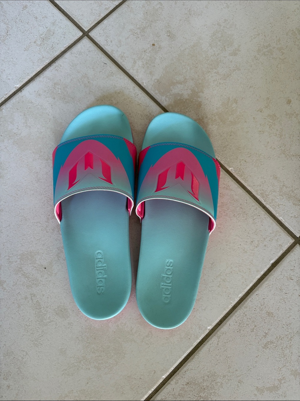 adidas Aqua and Pink Logo Slide Sandals